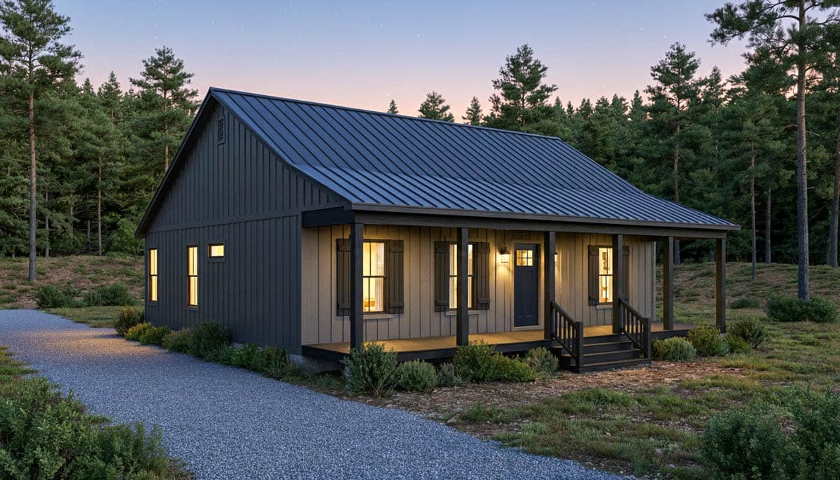 House plan exterior: One-story Modern Farmhouse with a gabled metal roof, full porch, and vertical board and batten siding.