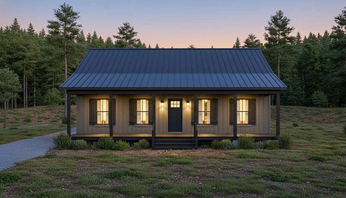 House plan exterior: One-story cottage with a full-width covered porch, metal gable roof, and four windows.
