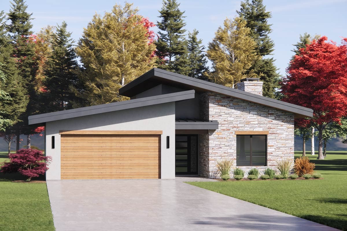 House plan exterior. Modern style, single story, features a stone facade, shed roof, and attached garage. Includes a chimney.