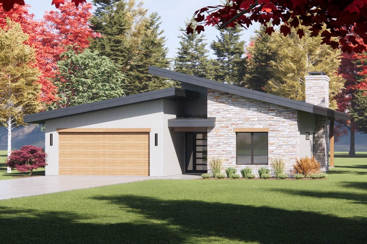 Modern house plan exterior with stone facade, wood garage door, cantilevered rooflines, and prominent chimney.
