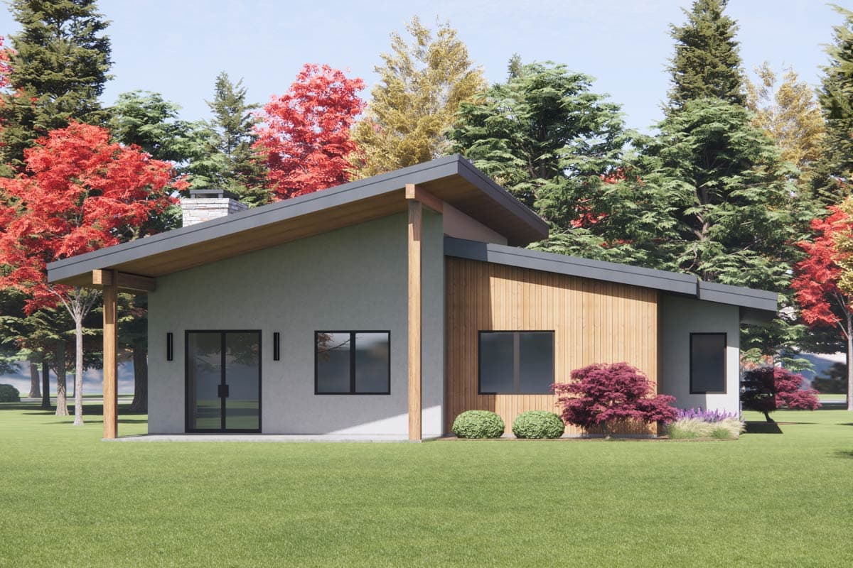Modern house plan exterior with a prominent gable roof, wood siding, stucco walls, and a stone chimney.