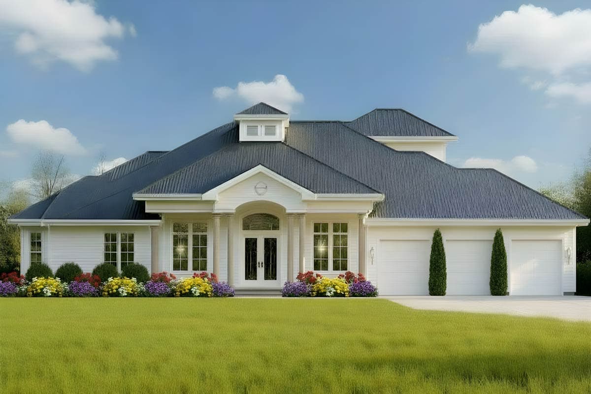 House plan exterior. Two-story home with a hip roof, dormer, and attached garage. Features include a portico and double front doors.