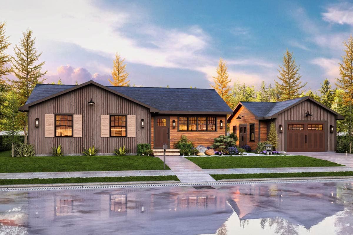 House plan exterior. Ranch style with a gabled roof. Features include wood siding, a detached garage, and an entry porch.