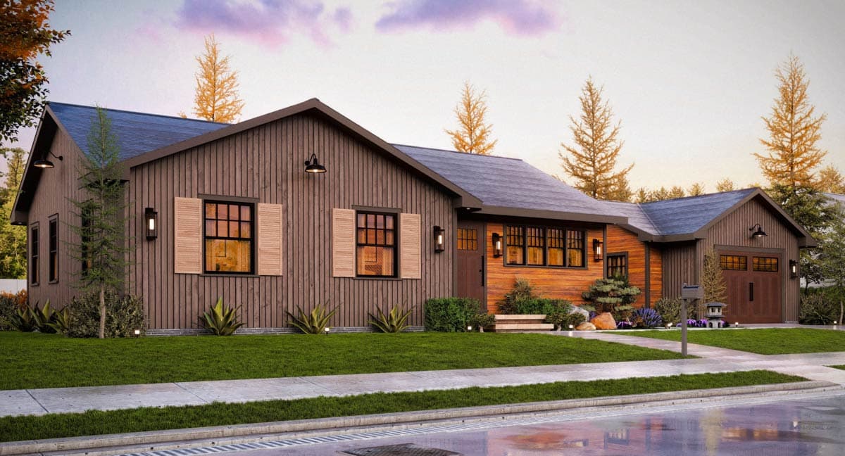 House plan exterior: Ranch-style home with vertical wood siding, gables, dormers, and a detached garage.