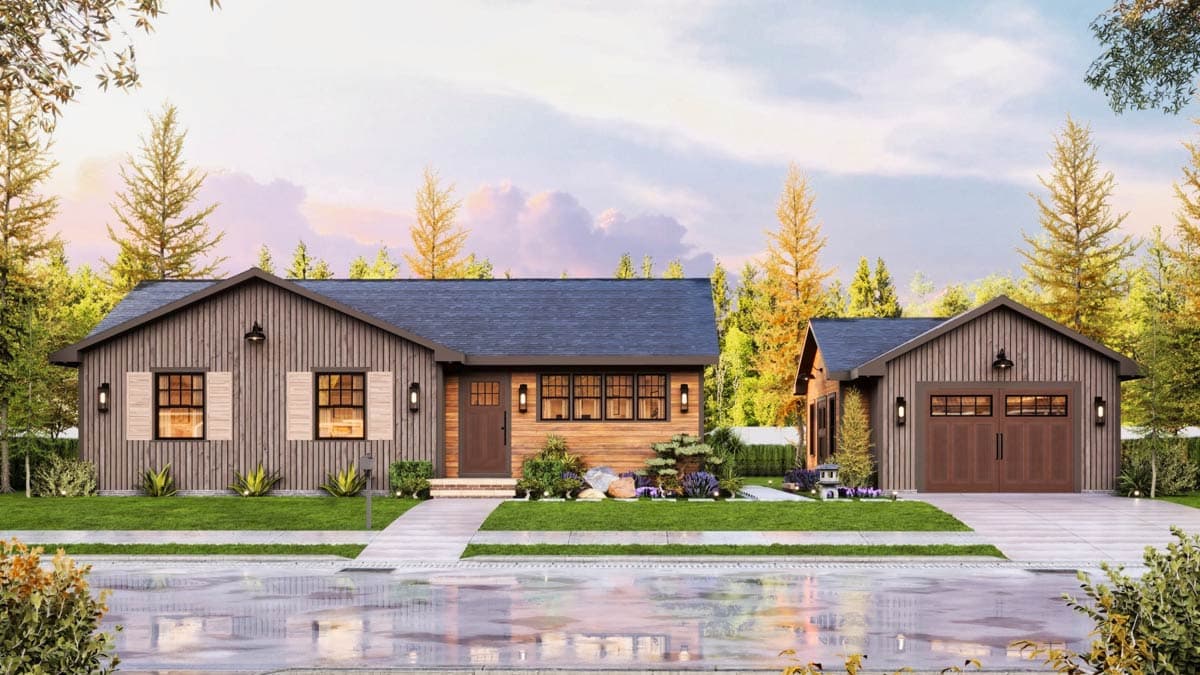 House plan exterior: Modern Ranch style, one story, with vertical siding, wood accents, gable roof, and attached garage.