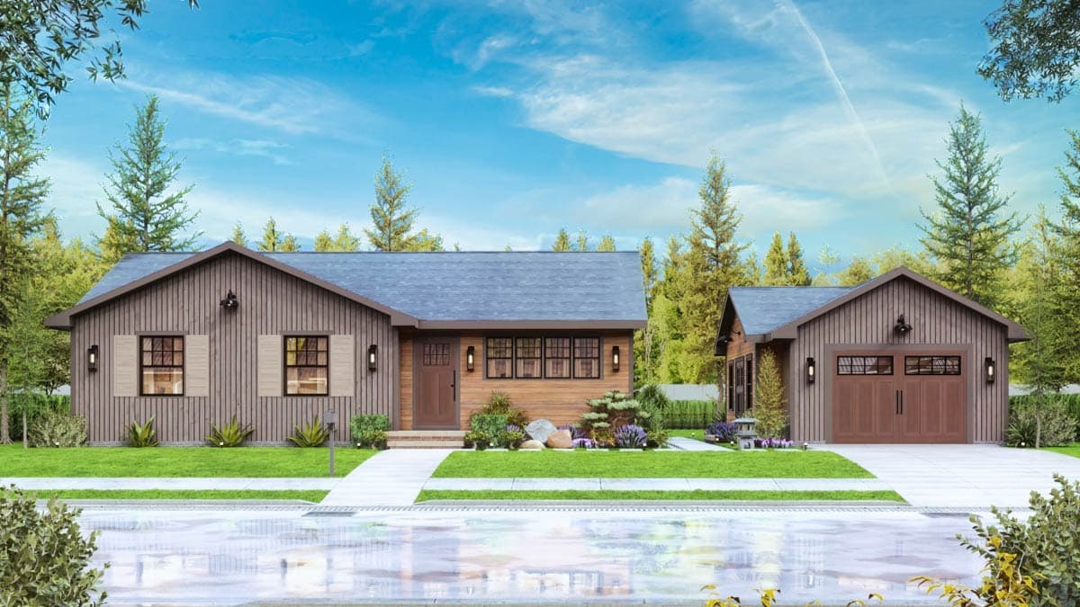 House plan exterior: Ranch-style, single-story home with board and batten siding, gables, and attached garage.