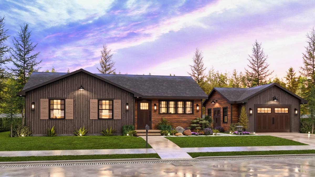 Modern Ranch house plan exterior, one story, vertical siding, large windows, attached two-car garage.