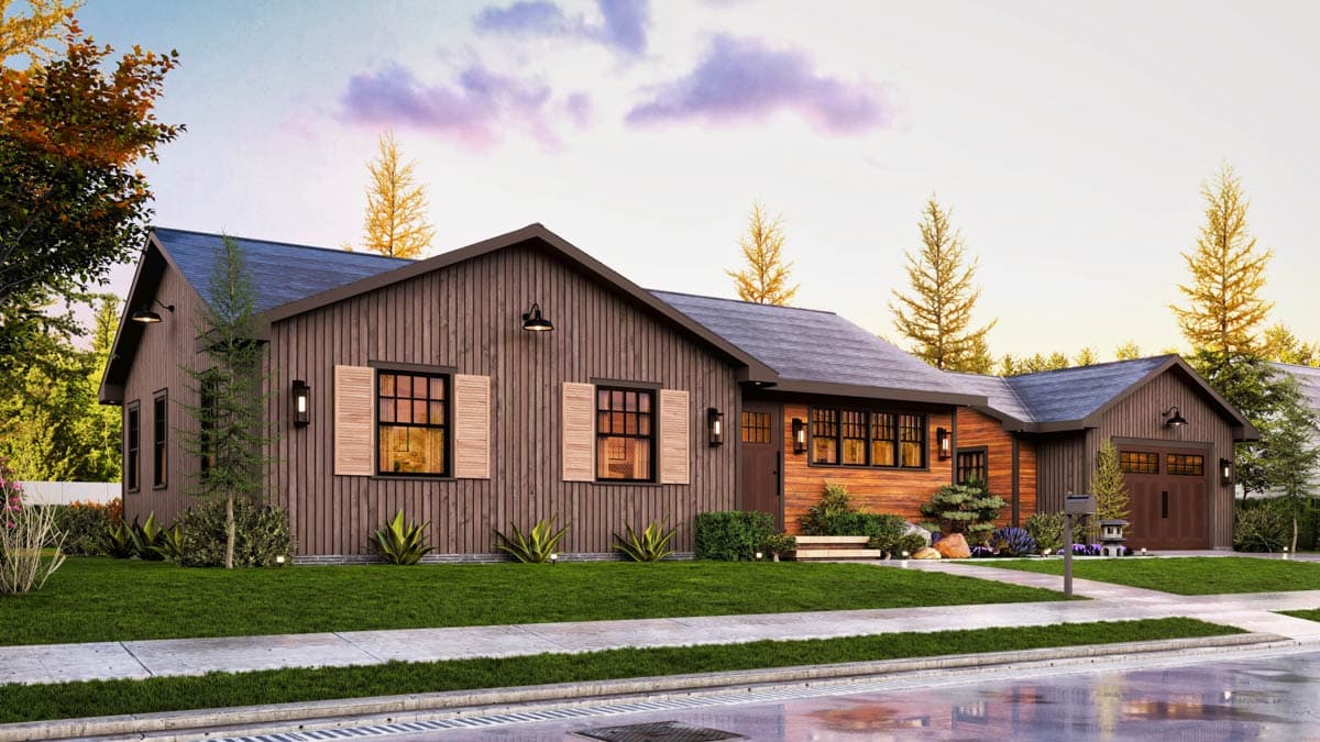 House plan exterior: Ranch style, single-story, vertical wood siding, prominent gables, attached garage, and dark shingle roof.