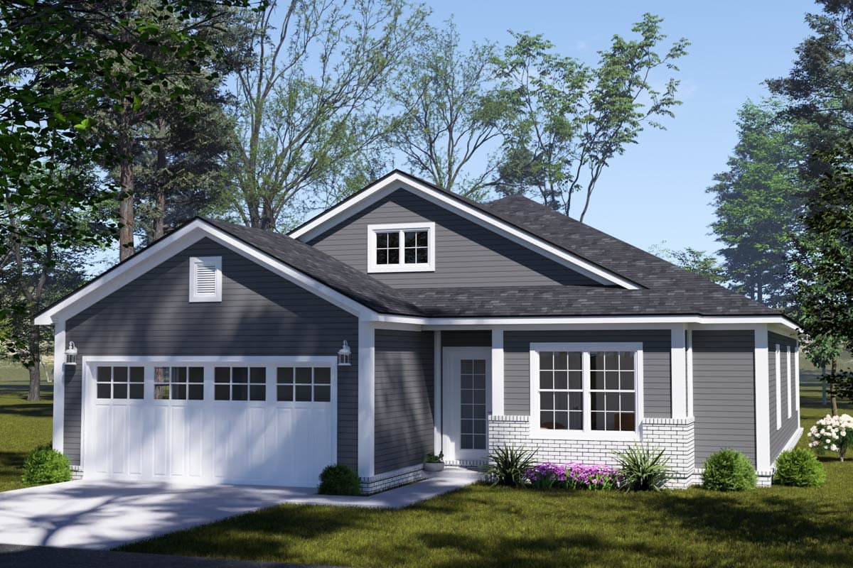 House plan exterior. One-story house with gabled roof, dormer, and attached garage. Brick veneer on the foundation and around the windows.