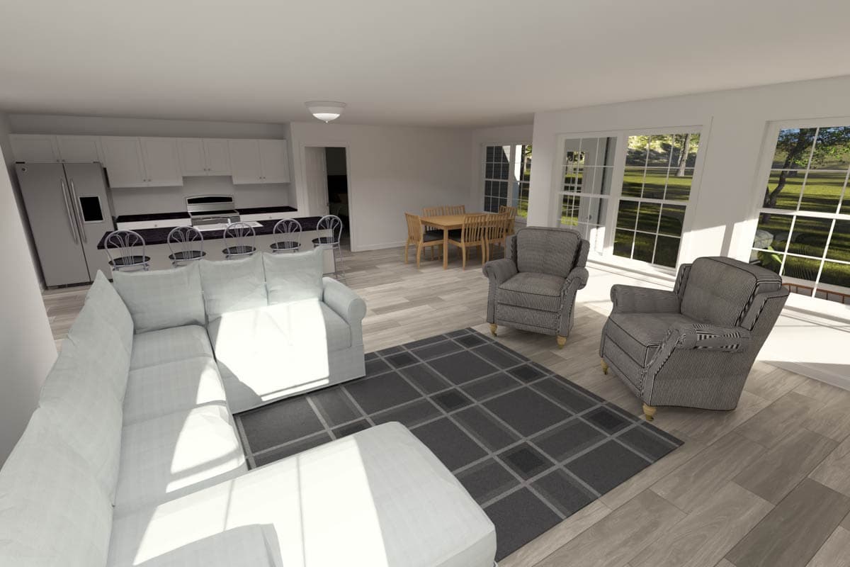 Interior rendering of an open-concept living area with a sectional sofa, kitchen island, dining table, and large windows.