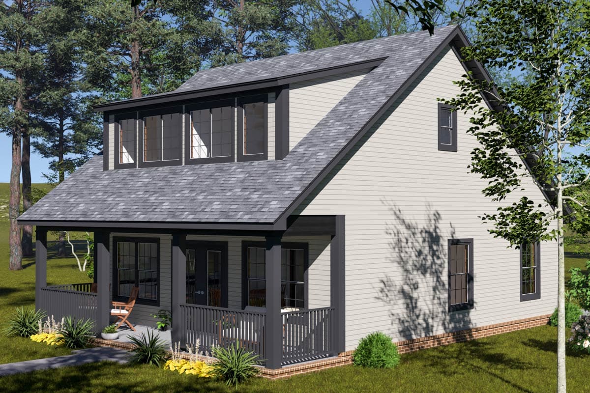 House plan exterior: Two-story Modern Farmhouse with a wraparound porch, prominent gables, and a dormer.