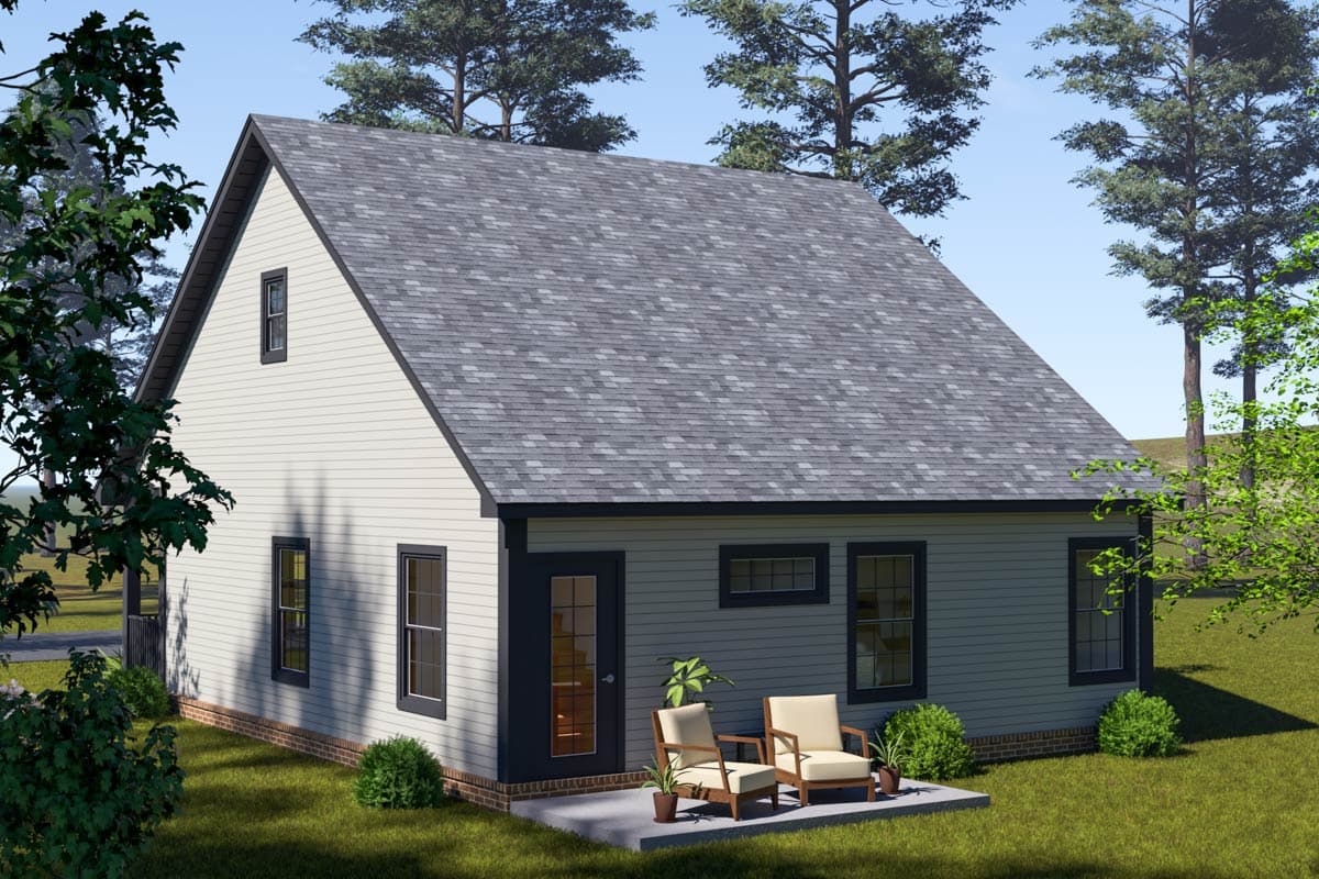 House plan exterior: Two-story dwelling with a steeply pitched gable roof, horizontal siding, and a small front porch.
