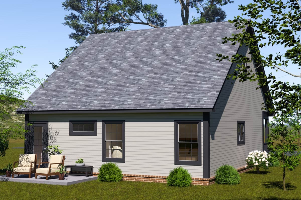 House plan exterior showing a two-story home with a prominent gable end, vinyl siding, and a small patio with seating.