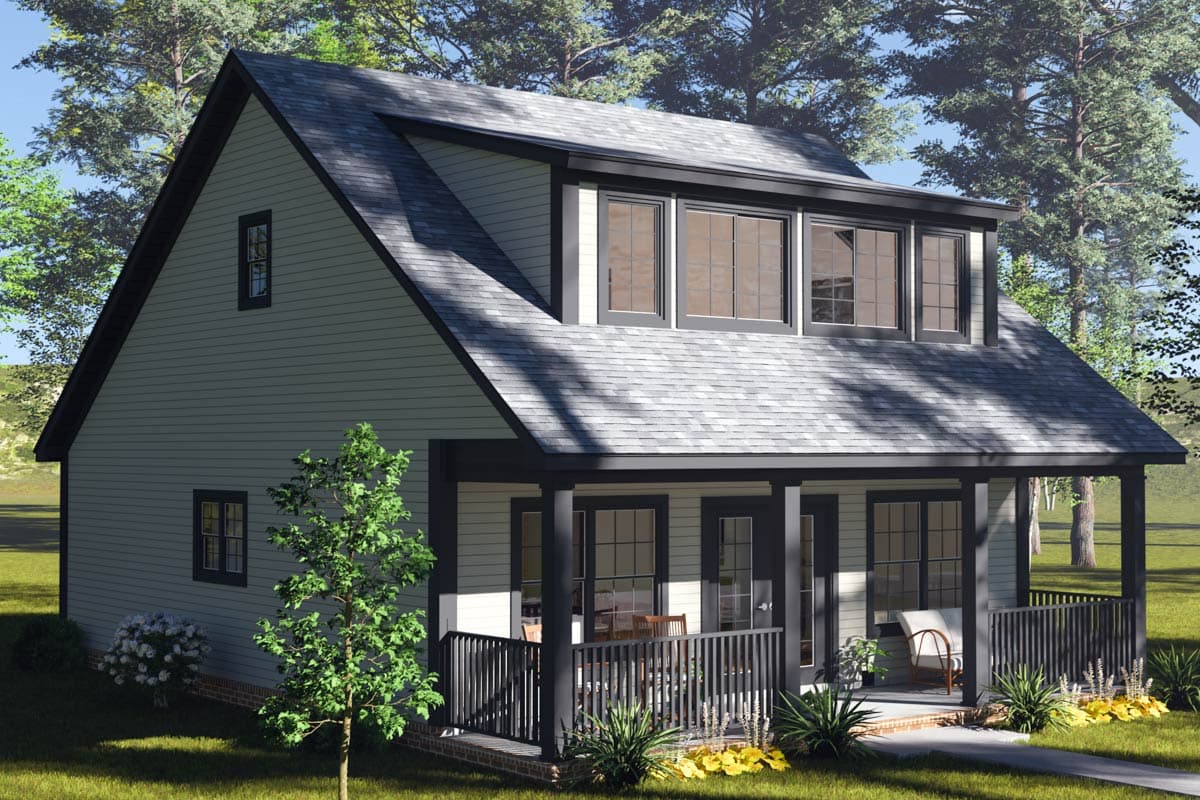 House plan exterior, two-story dwelling with a prominent wrap-around porch, gabled roof, and a dormer with multiple windows.