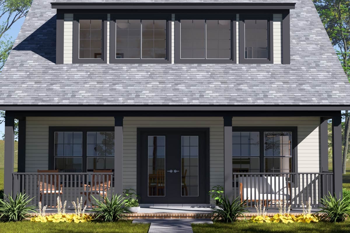 House plan exterior: Two-story building with a covered front porch, double front doors, and a dormer with three windows on the upper level.