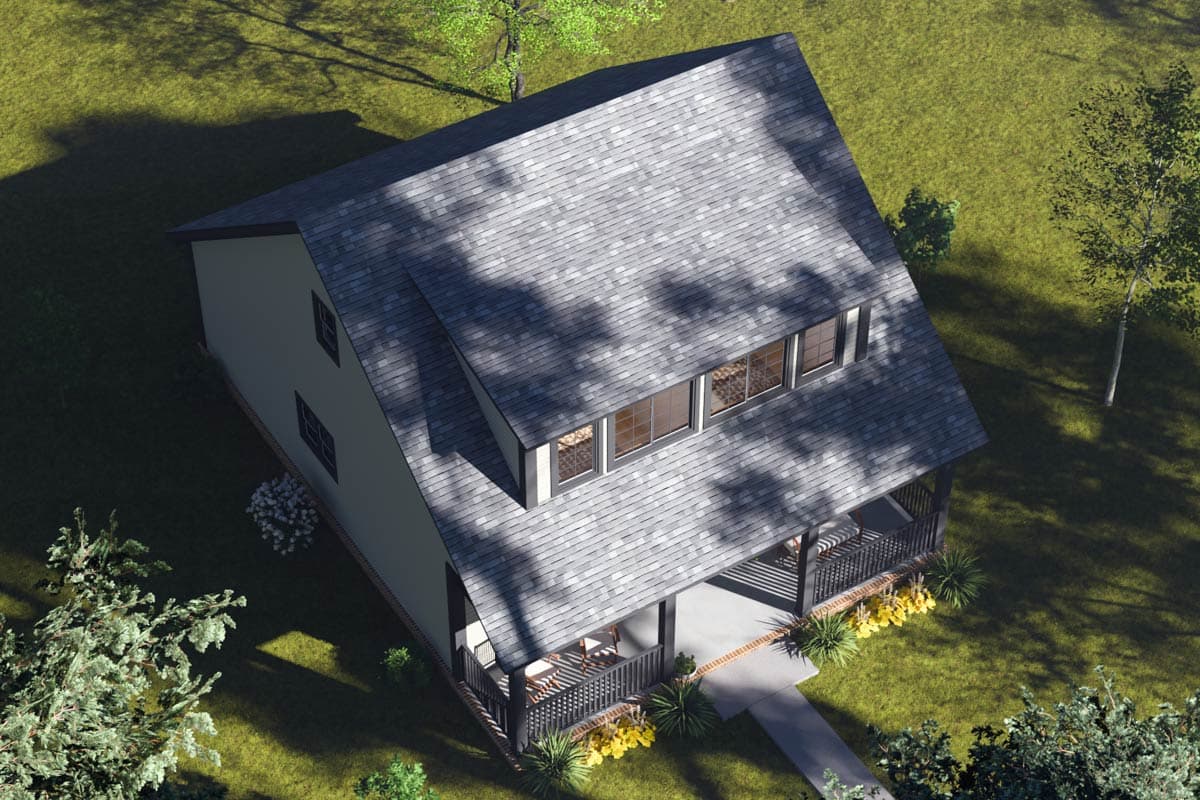 House plan exterior, two-story dwelling with pitched roof, dormer windows, and wraparound porch.