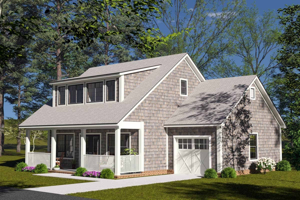 House plan exterior: Two-story Modern Farmhouse with a covered porch, dormer windows, and attached garage.