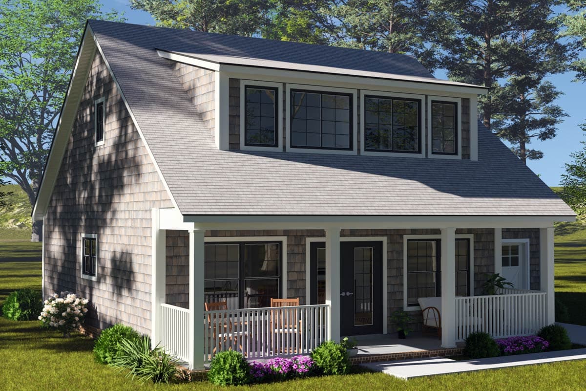 House plan exterior with cedar shingles, a full front porch with white railings, and a dormer with three windows.
