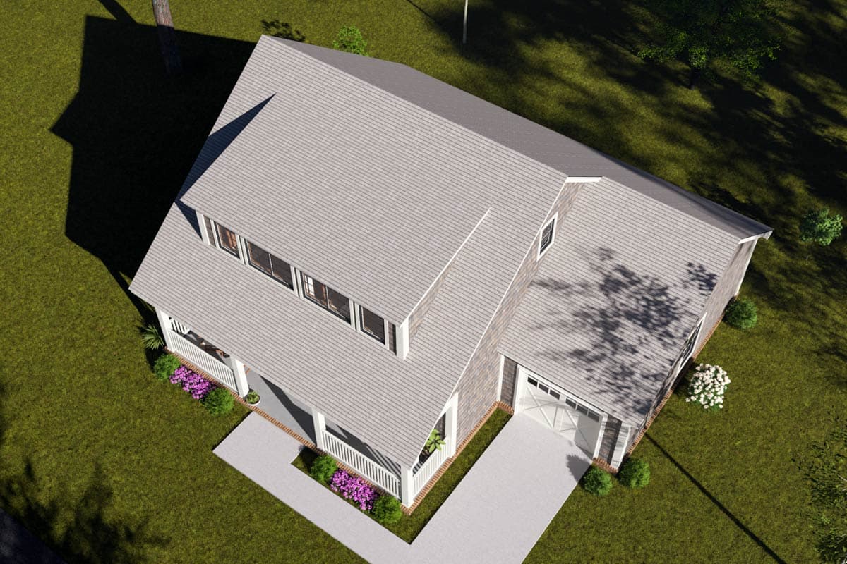 House plan exterior: two-story home with wrap-around porch, dormer windows, and attached two-car garage.