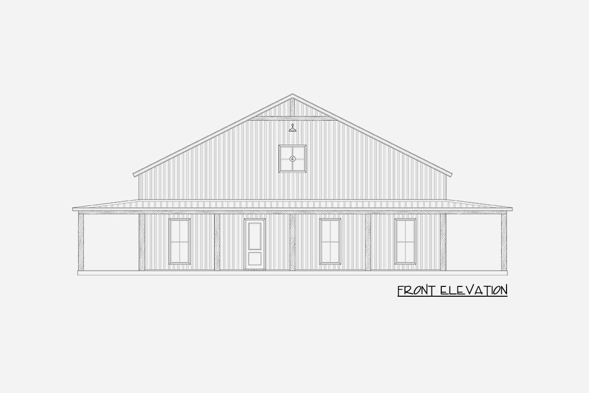 Front elevation drawing of a two-story house with a wraparound porch, gabled roof, and central dormer with a light fixture.