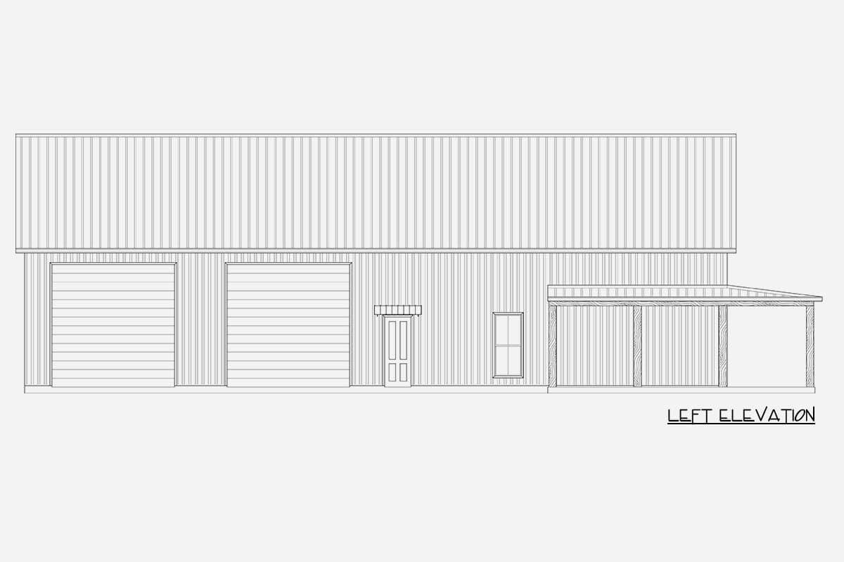 Left elevation house plan drawing shows two garage doors, a double door entry, one window, and a covered porch.