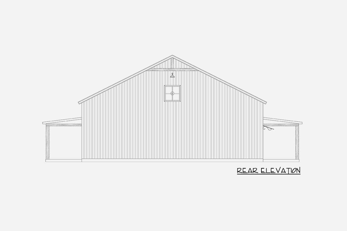 Rear elevation drawing of a barn-style house plan with a gable roof, a central window, and covered porches on each side.
