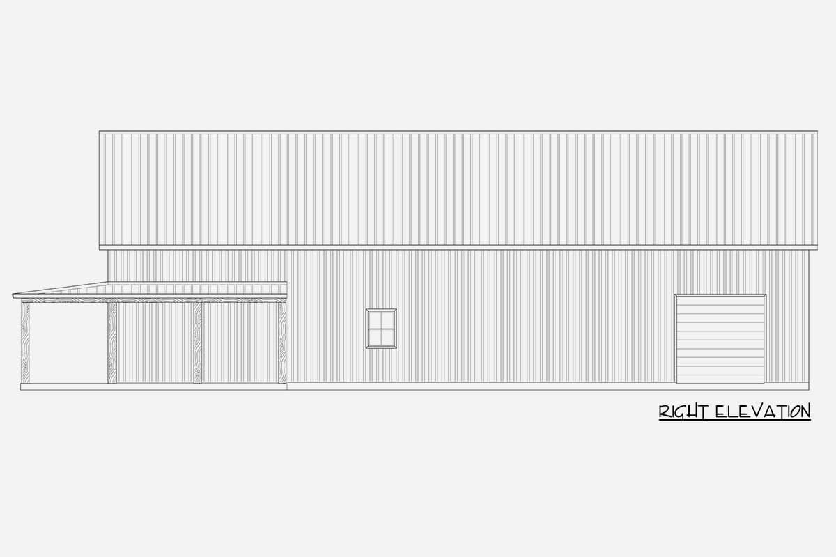 House plan right elevation drawing with a covered porch, one window, and a garage door.