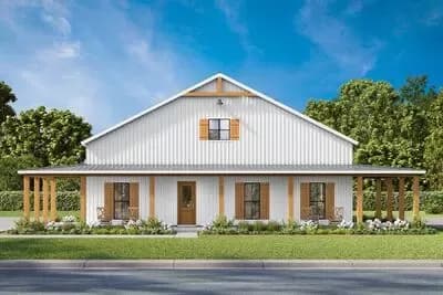Modern Barndominium House Plan with Workshop and Wrap-Around Porch
