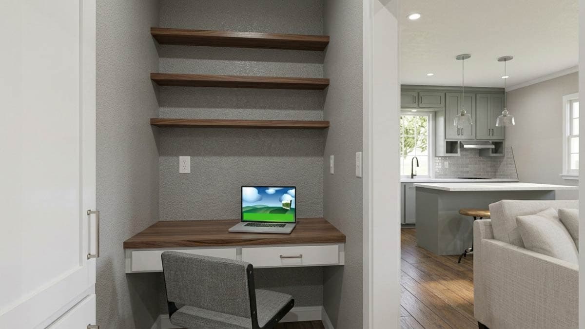 A modern, open-concept kitchen and living area with a large island, cabinets, and hardwood floors. A washer and dryer are visible.