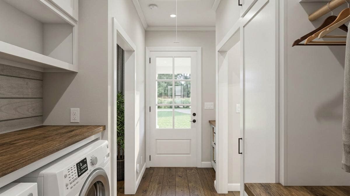 A modern bathroom showcases a spacious design with a large mirror, vanity with double sinks, a walk-in shower, and hexagon floor tiles.