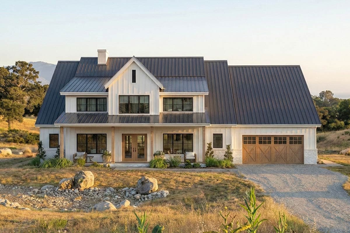 House plan exterior: two-story Modern Farmhouse with metal roof, gabled dormers, large windows, covered entry, and attached two-car garage.
