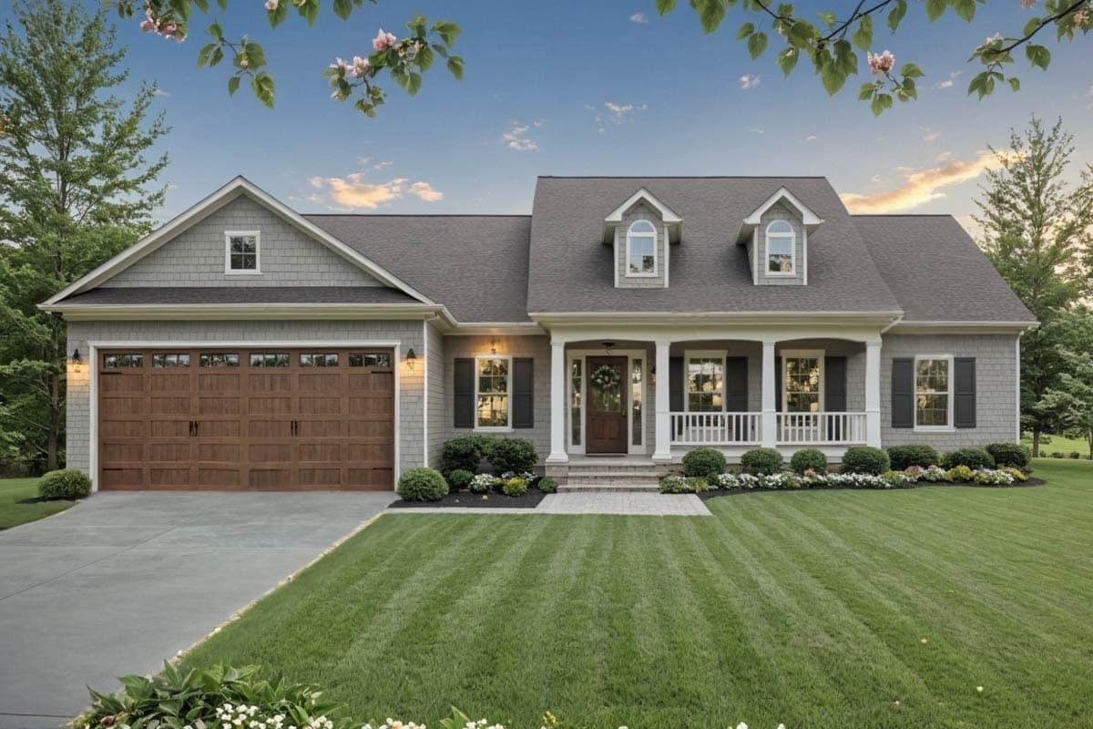House plan exterior. Craftsman style, one-story home with a front porch, two dormers, and an attached garage.