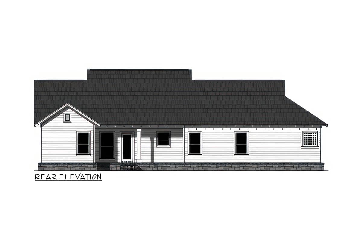 Rear elevation of a one-story house plan featuring a gabled front section, covered porch with columns, and horizontal siding.