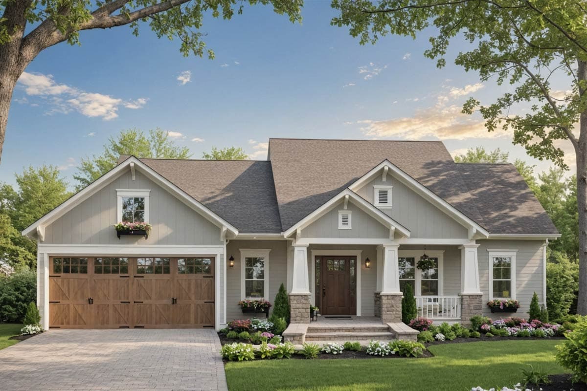 A craftsman-style house with a light gray exterior, brown garage door, and a welcoming front porch, surrounded by lush landscaping under a blue sky.