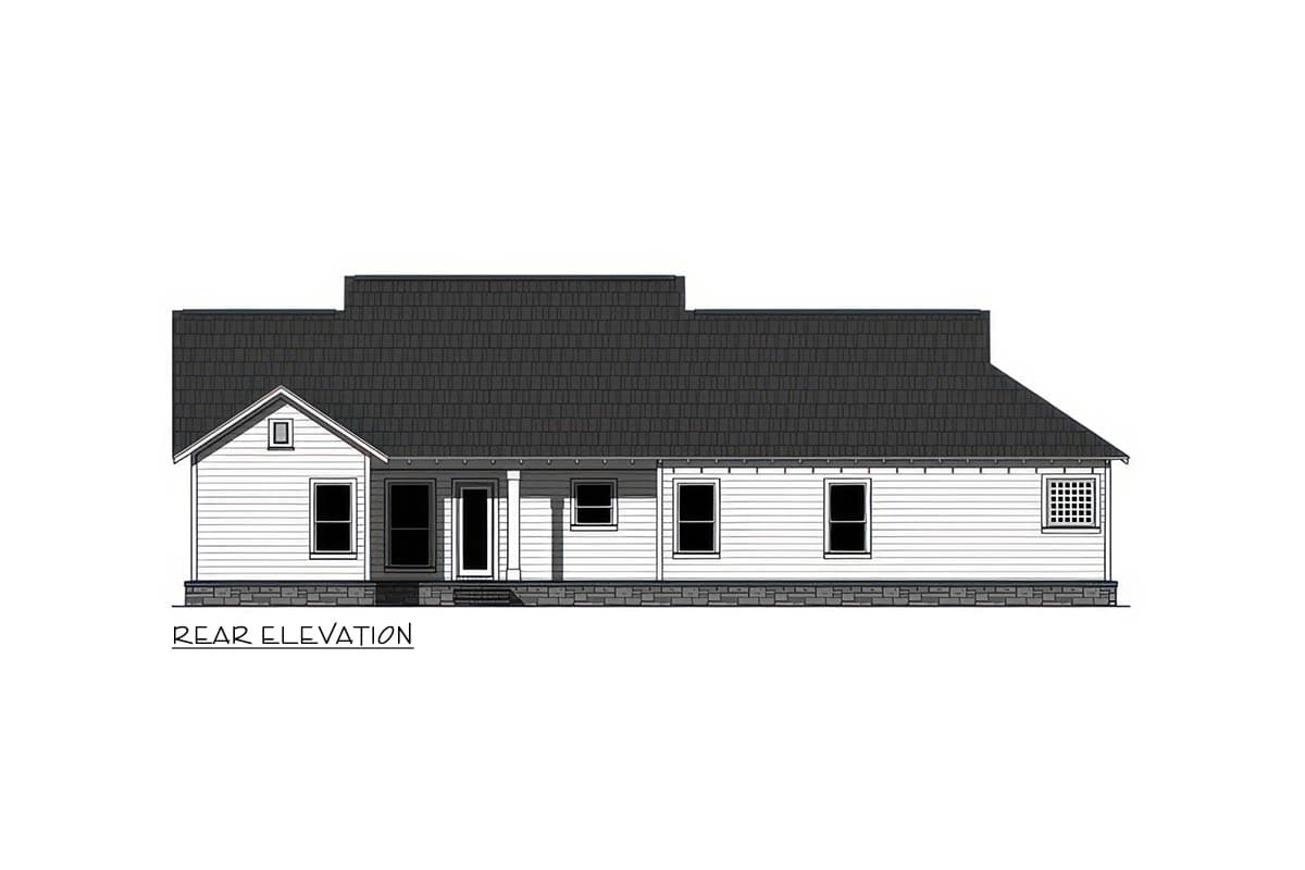 Rear elevation drawing of a single-story house plan with a gable, porch, and multiple windows.