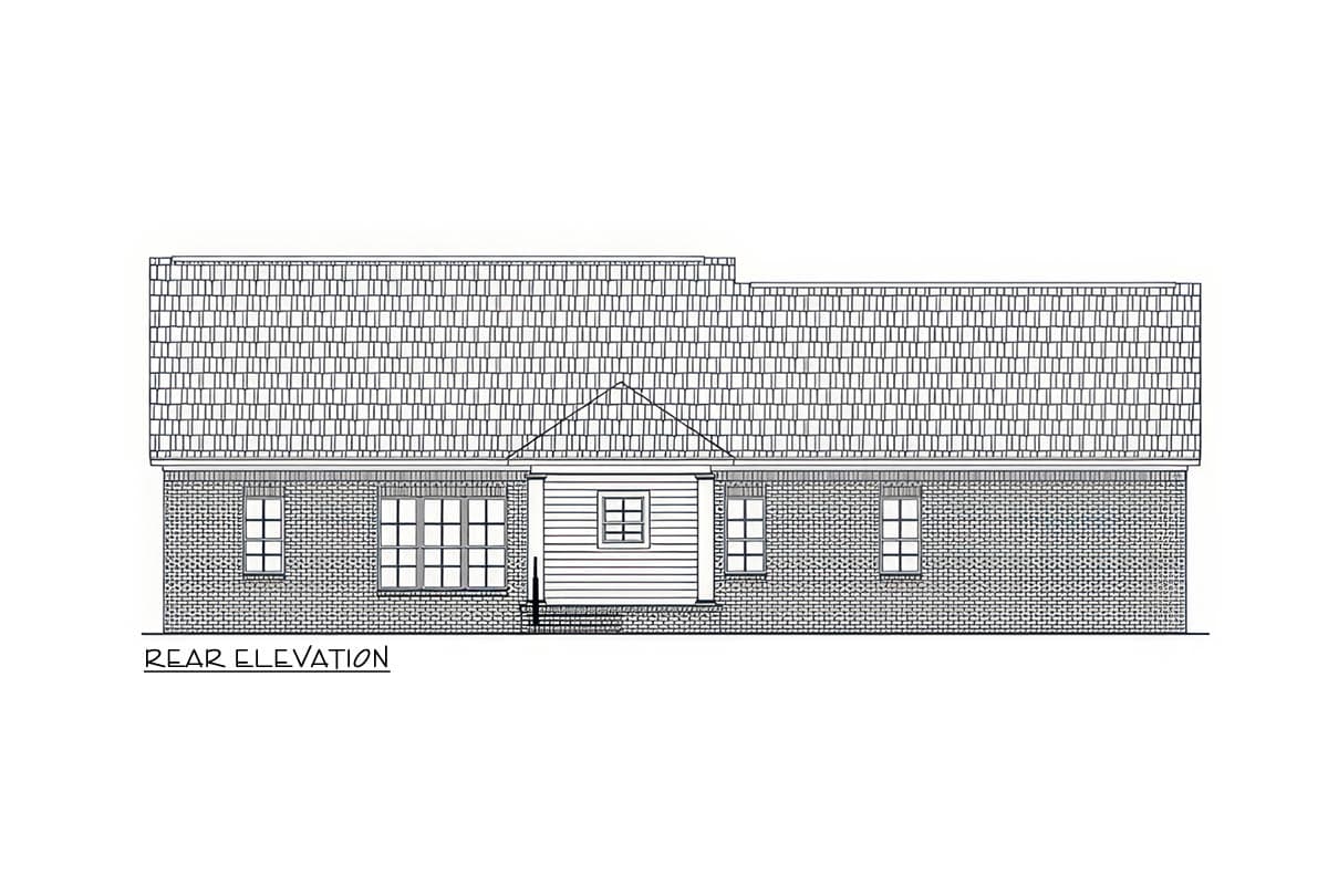 Rear elevation drawing of a one-story house plan with brick exterior, multi-pane windows, and a central covered porch.
