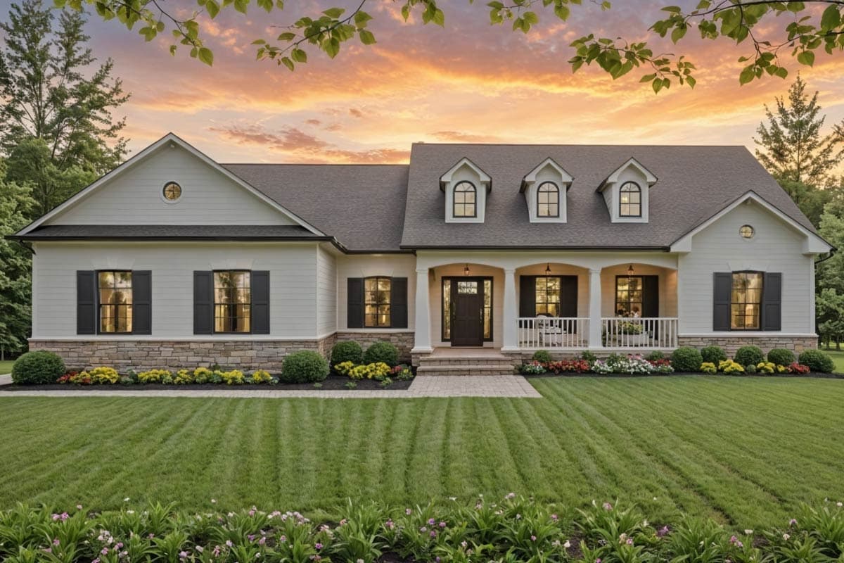 A white house with black shutters and a porch, set against a colorful sunset sky. Lush green lawn and flowerbeds lead to the home.