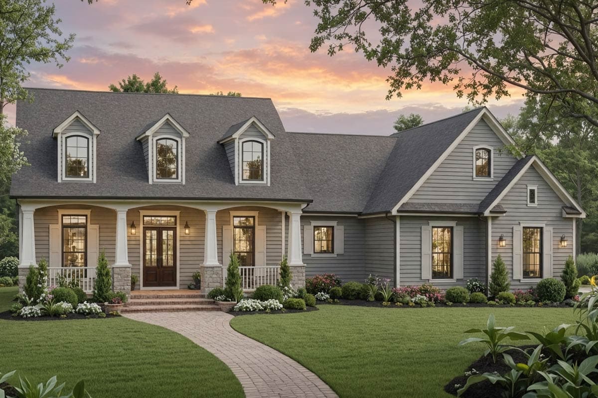 House plan exterior: Two-story Modern Farmhouse with covered porch, dormer windows, stone accents, and gabled rooflines.