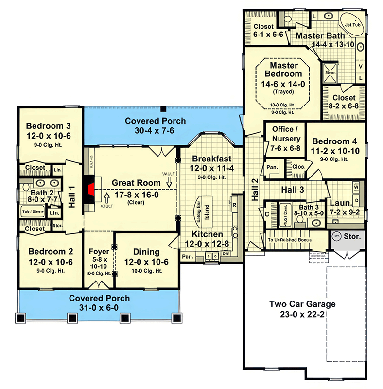 Plan 51346MM: Modern Farmhouse Plan with Huge Porch and Unfinished Bonus Room - Floor Plan - Main Level - Modern Farmhouse, Southern