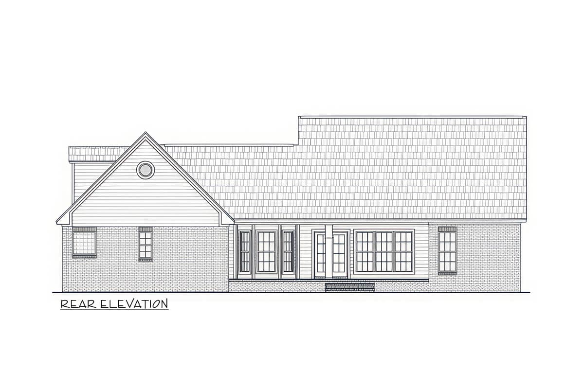 Rear elevation house plan drawing showing brick lower level, gable end with dormer, and multiple windows and doors.