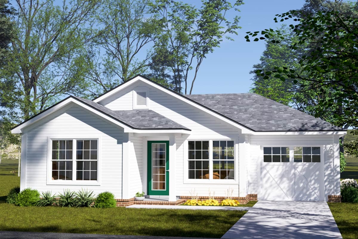 House plan exterior. White one-story house with gabled roof, side-entry garage, and green front door. Features include multiple windows.