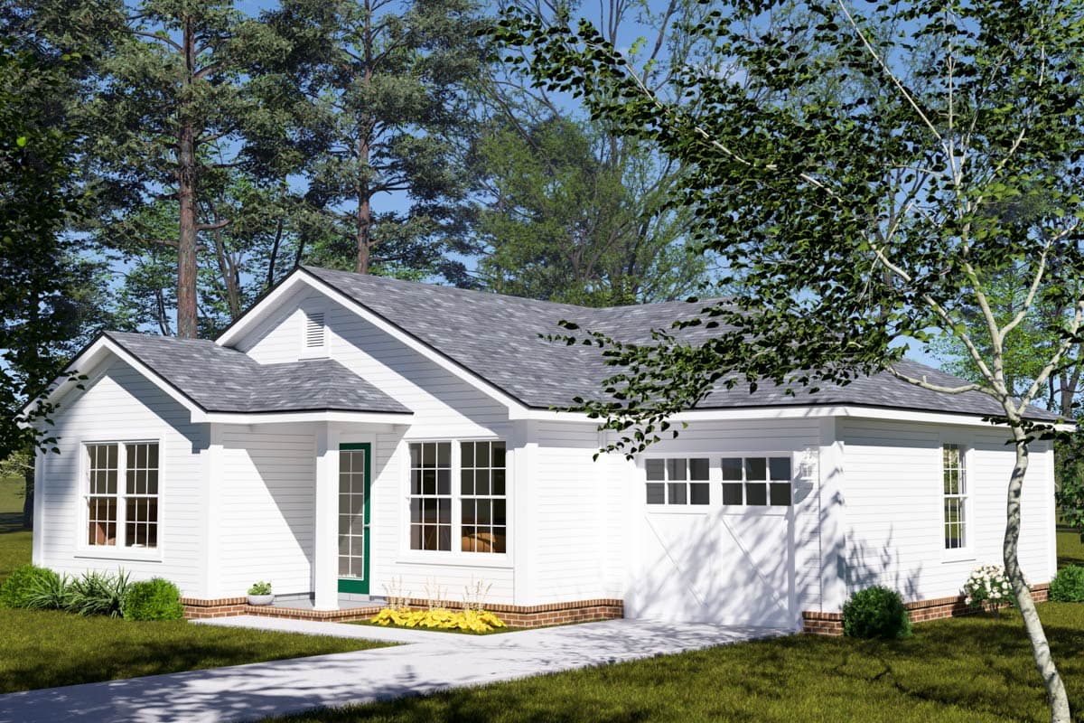 House plan exterior of a one-story home with gabled roof, covered entry, and attached garage.