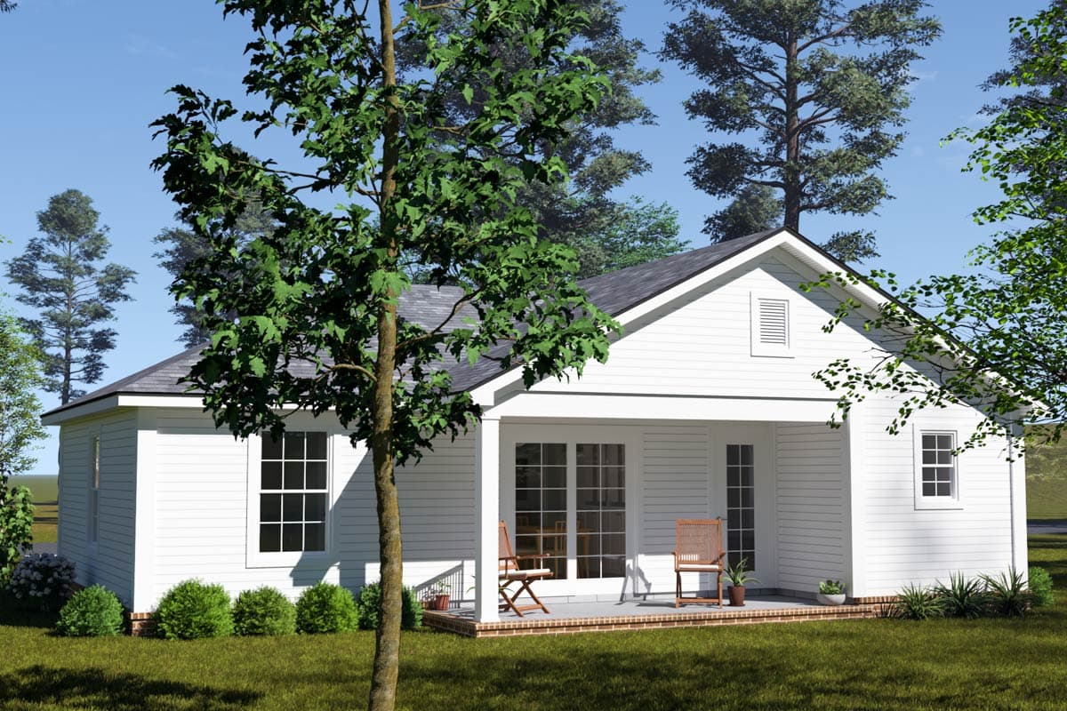 House plan exterior of a white, single-story home with a covered porch, gabled roof, and multiple windows.