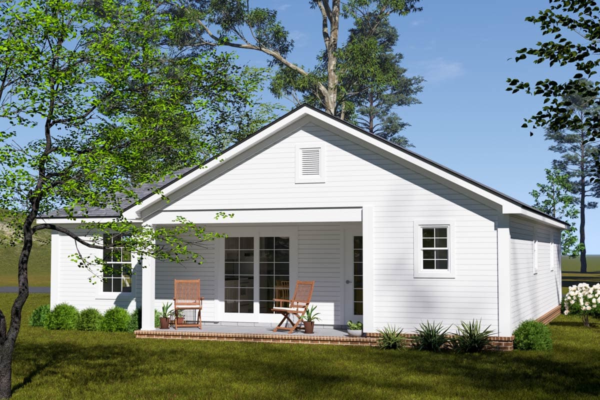 House plan exterior: Single-story Modern Farmhouse with a front porch, gable vents, and double-door entry.