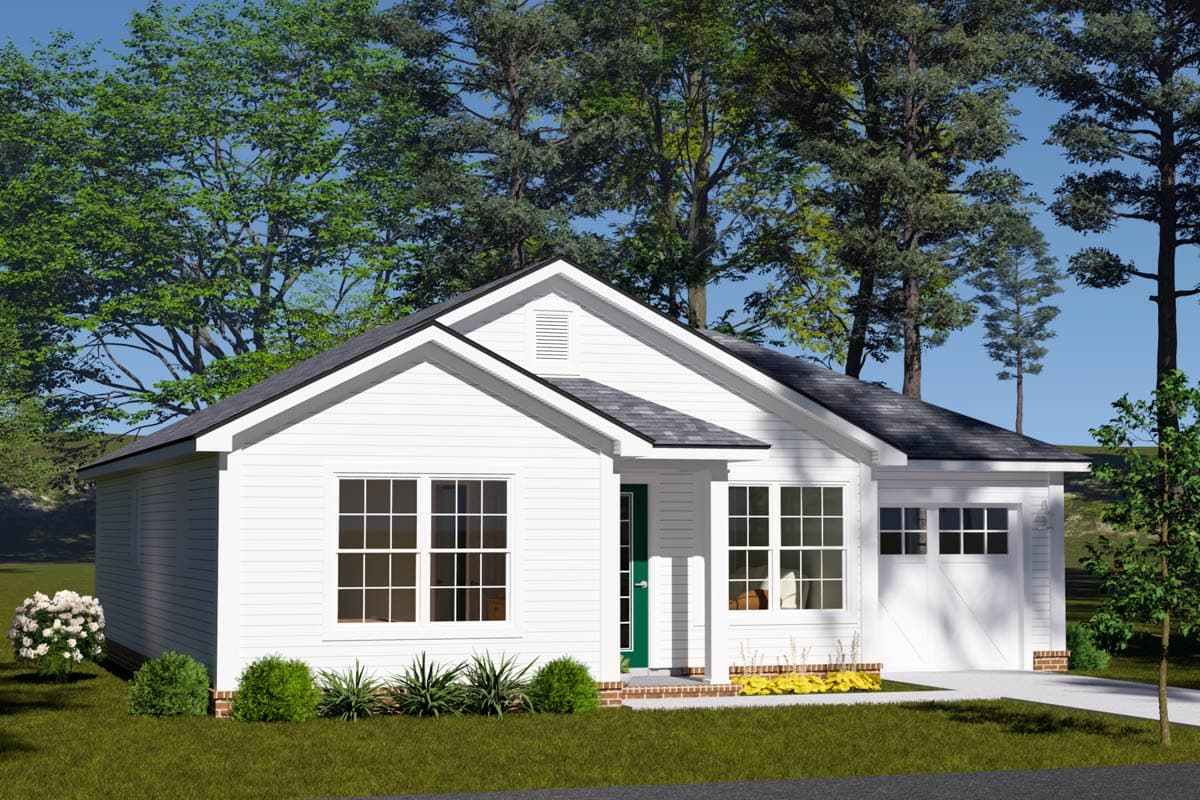 House plan exterior: One-story Modern Farmhouse with gable roof, prominent front gables, and attached garage.