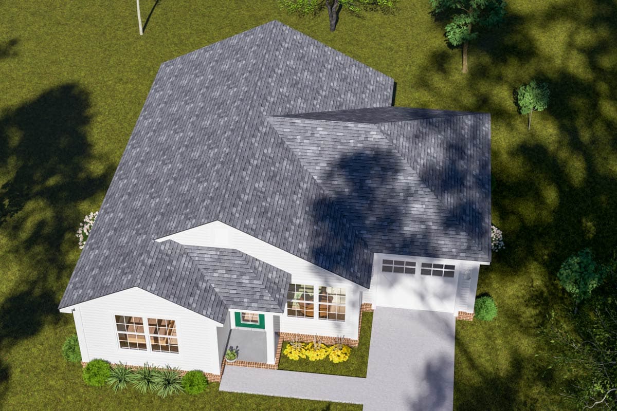 House plan exterior: One-story Modern Farmhouse with gable roof, attached two-car garage, and covered front entry with green door.
