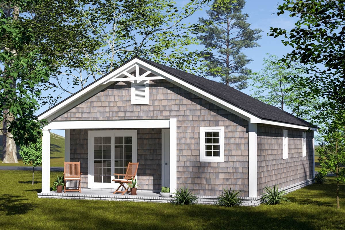 House plan exterior: Single-story home with gable roof, covered porch, shingle siding, and decorative gable vent.
