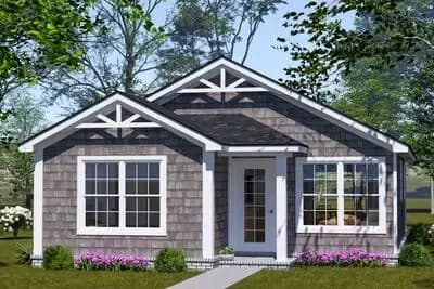 Two-Bed Cottage House Plan with Clustered Bedroom Layout and Vaulted Ceilings