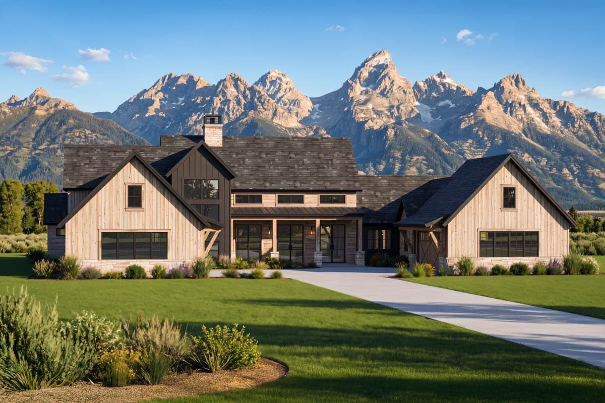 A large, modern farmhouse with light wood siding and dark trim sits before a mountain range with snow-capped peaks under a blue sky.