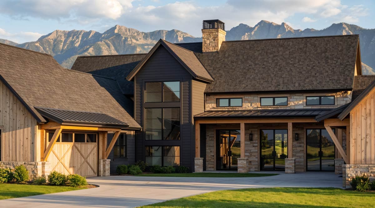 A modern home with dark gray siding, natural stone accents, and a backdrop of impressive mountain peaks under a partly cloudy sky.